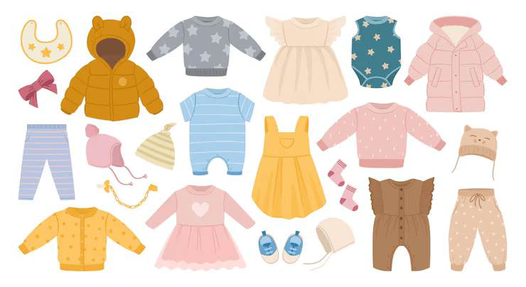 roupas-infantis-de-desenho-animado-roupas-casuais-para-meninos-e-meninas-calcas-bonitinhas-macacoes-e-vestidos-colecao-de-ilustracao-vetorial-plana-conjunto-de-roupas-infantis-627510-1373